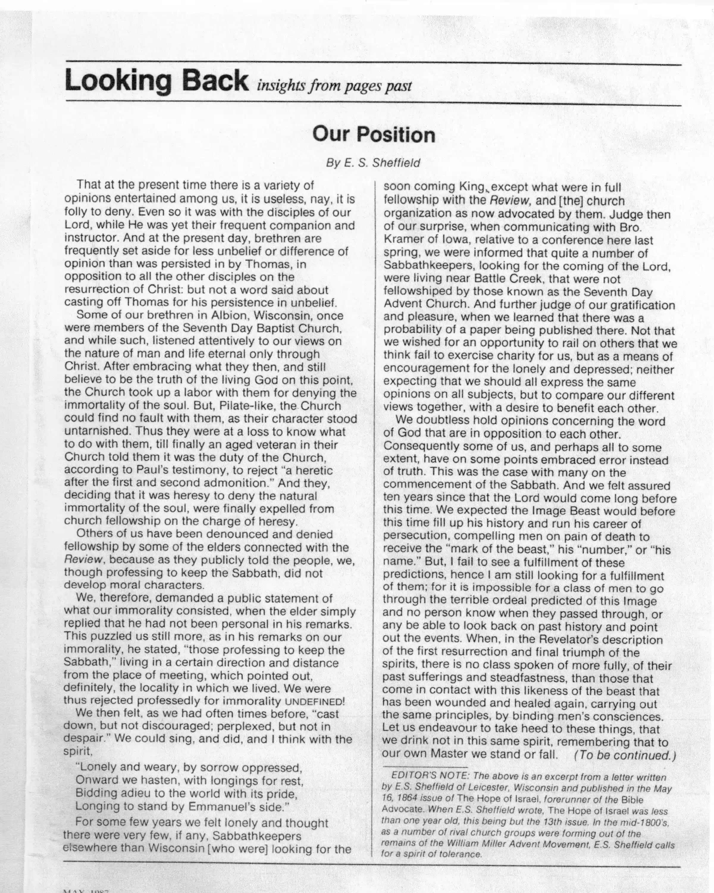 Our Position, by ES Sheffield 16 May 1864, Hope of Israel
